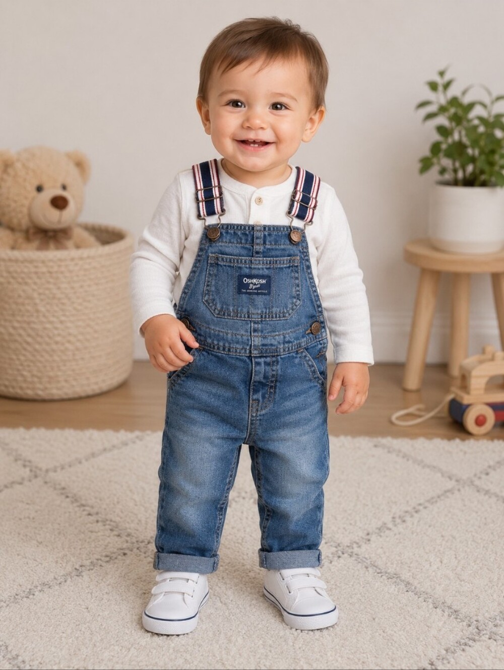 OshKosh B'gosh Blue Denim Overalls 12M Blue White Red Straps Snap Button Legs